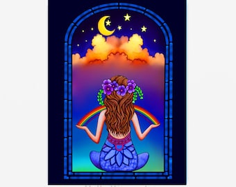 Midnight Window Crescent Moon Meditation - colorful print metaphysical Spiritual art