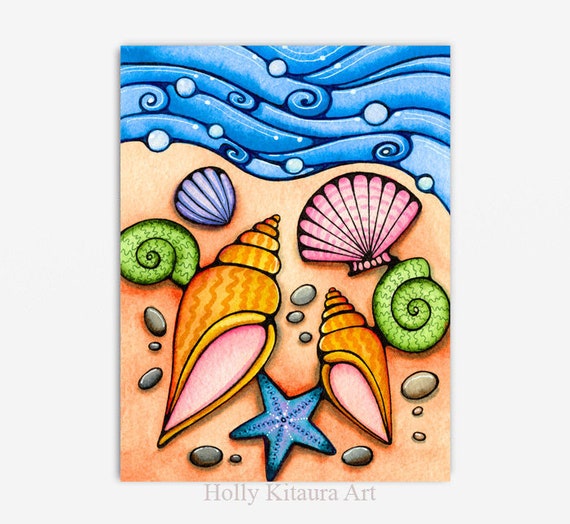 Beach Shells Seashell Ocean Decor Artwork Painting Print Painted Sea Shell,  Beach Decor, Shell Art, Shells Print, Beach seashells, Seashore