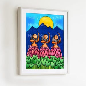 May include: Three women in pink flower skirts with their arms raised, dancing in front of a blue mountain range with a yellow sun in the sky. The background is blue with white stars. The text "Holly Kitaura Art" is repeated throughout the image.
