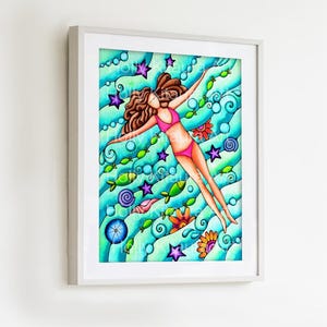 Ocean Swimming Floating Sea Painting Art Print Artwork Beach Decor Wall Hanging Colorful Tropical Aqua Starfish Shells Float