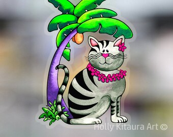 Tropical Grey Tabby Cat Vinyl Decal Sticker Cats Decals Waterproof Art Sticker