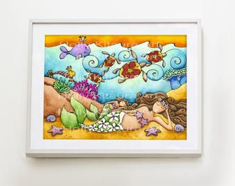 May include: A watercolor painting of a mermaid with a green tail and a pink and white flower crown, sleeping with a smaller mermaid on her back. The mermaids are surrounded by colorful sea turtles and coral.