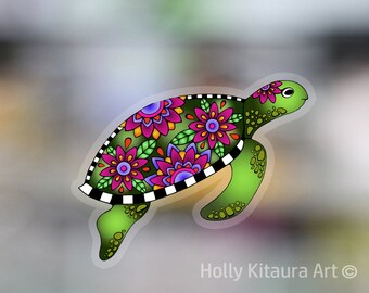 Sea Turtle Hawaiian Honu Vinyl Decal Sticker Hawaii Decals Transparent Border Waterproof Stickers Colorful Green Flowers Art