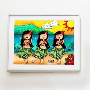Hula Girl Art Print: Hawaiian Beach Scene Painting