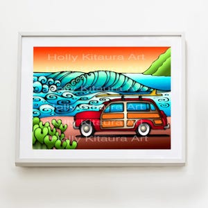 Hawaiian Surf Art Surfer Hawaii Surfing Wave Woodie Beach Sea Ocean  Surfing Fine Art Giclée Print Colorful Tropical Retro