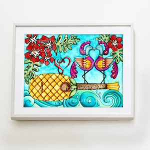 Pineapple Ukulele Hawaiian Hawaii HibiscusFlowers Art Artwork Painting Print Watercolor Colorful Tropical Artist