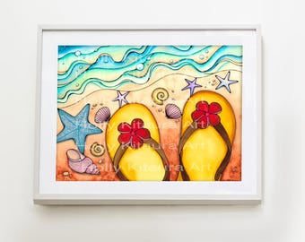 Seashells and Flip Flops Art Print: Beach Watercolor Painting
