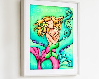 Mom and Baby Mermaid Art Print: Nursery Decor (5x7)