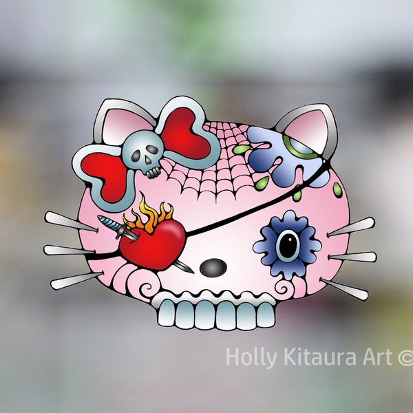 Sugar Skull Pink Cat Decal, Waterproof Vinyl Sticker, Día de Muertos