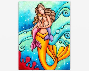 Mermaid Mom and Baby Print Painting Illustration Art Artwork Mermaids Mother and Daughter Son Children Babies Wall Decor