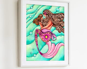 Mermaid Mom and Daughter Art Print: Pink Flower Tails