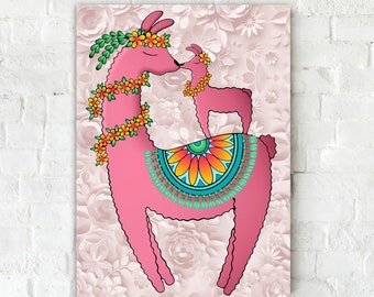 Pink Llama Colorful Flowers Art Print Mother and Baby Child Animals Girls Room Hawaii Artist Holly Kitaura