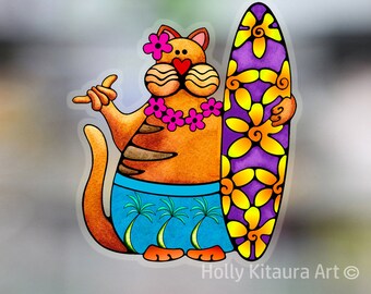 Hawaiian Surf Fat Orange Tabby Cat Vinyl Decal Sticker Cats Decals Waterproof Art Sticker