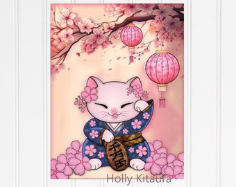 Lucky Neko Cat Good Fortune Japan Japanese Kimono Pink Geisha Kawaii Art Giclée Print Maneki-Neko Beckoning Cats