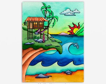 Tropical Beach Shack Cottage House Art Hawaii Hawaiian Artwork Painting Fine Art Giclée Print Surf Art Ocean