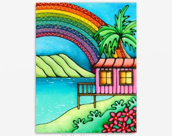 Pink Rainbow Beach House - Cottage Decor Ocean Palm Tree Home Handmade Print Watercolor Painting Decor Wall Art Hawaii Hawaiian Picture Gift