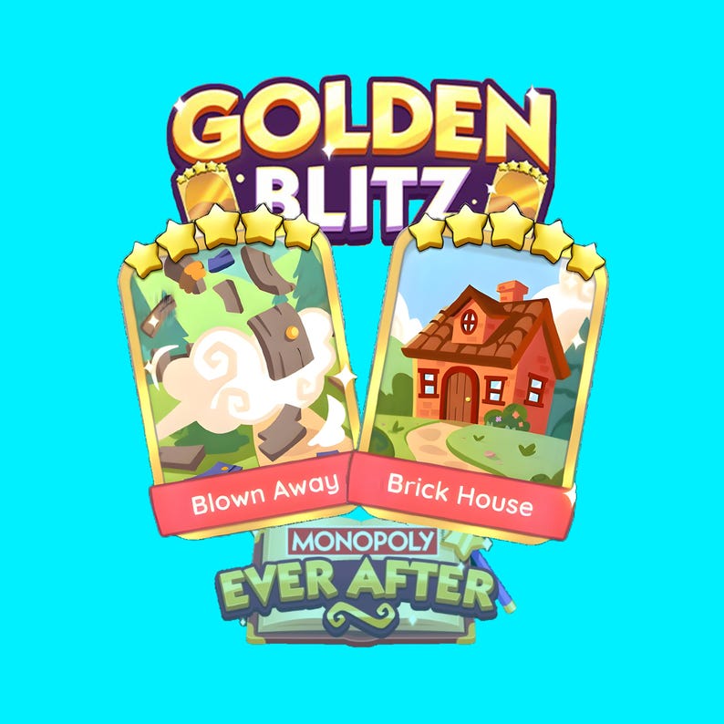 Peut inclure: Un graphique Golden Blitz pr&eacute;sentant deux cartes de jeu cinq &eacute;toiles intitul&eacute;es Blown Away et Brick House. La carte Blown Away montre des d&eacute;bris dans un nuage, tandis que la carte Brick House repr&eacute;sente une petite maison. Logo Monopoly Ever After.
