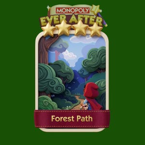 May include: A Monopoly Ever After game card depicting a forest scene with a path, trees, and a figure in a red hooded cloak. The card has a banner reading "Forest Path" and is topped with gold stars and the game's logo.