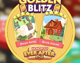 Stickers dorés Monopoly_Go « Blown Away & Brick House » 5 étoiles, album Ever After