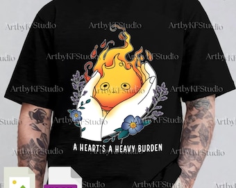 Calcifer PNG, A Heart's A Heavy Burden Digitale Datei, Howl's Mobile Schloss Clipart, Floral Calcifer Sublimationsdesign, druckbare Grafik Art