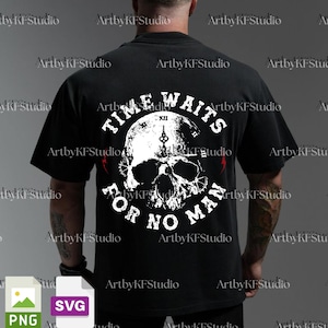 May include: Black t-shirt with a white skull graphic and the text "TIME WAITS FOR NO MAN". The design includes a clock face and lightning bolts. The shirt is a casual wear item.