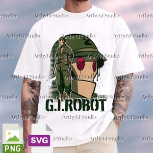 May include: White t-shirt featuring a graphic of a robot soldier and the text "G.I. ROBOT" in green. The design includes a robot head with red eyes and a soldier in green uniform. The shirt has a crew neck.