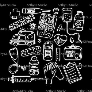 Puede incluir: Ilustración en blanco y negro de artículos médicos y de atención médica. La imagen incluye un termómetro, pastillas, una ambulancia, un botiquín de primeros auxilios, un estetoscopio y una bolsa intravenosa. Otros elementos incluyen un pastillero, una radiografía y una jeringa.
