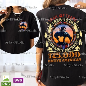 May include: Black t-shirt featuring a circular design with a Native American theme. The design includes a silhouette of a horse and rider, text that reads "Trail of Tears 1828-1838", and the words "The Deadly Journey 125,000 Native American".