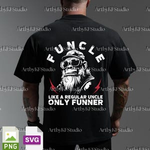 May include: Black t-shirt with a graphic of a gorilla wearing sunglasses and a cap, with the text "FUNCLE" above and "LIKE A REGULAR UNCLE ONLY FUNNER" below. The design is in white.