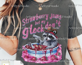 Geleia de Morango Glock PNG SVG, Arquivo Digital de Guaxinim Engraçado, Clipart de Humor Adulto, Design de Sublimação de Guaxinim Sarcástico, Gráfico com Citação Engraçada