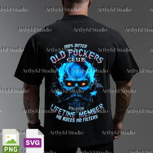 May include: Black t-shirt with a blue skull graphic, the text reads "OLD FUCKERS CLUB" and "LIFETIME MEMBER". The skull has orange eyes and a long mustache. The shirt has a vintage, worn appearance.