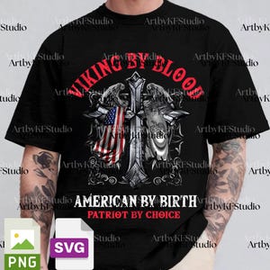May include: Black t-shirt with a graphic design featuring a cross, eagles, and an American flag. Text includes "VIKING BY BLOOD" and "AMERICAN BY BIRTH PATRIOT BY CHOICE."