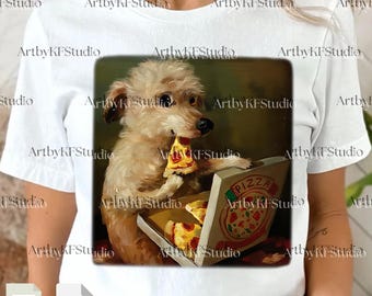 Perro pizza divertido PNG, cachorro amante de la comida comiendo pizza, gráfico para amantes de los perros, ilustración para amantes de las mascotas, arte digital para hombres y mujeres, archivo de sublimación
