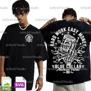 May include: Black oversized t-shirt with a white graphic on the front and back. The front graphic says "Hard Work Easy Money". The back graphic features a skeleton hand, wrenches, and the text "Blue Collar American Patriot".