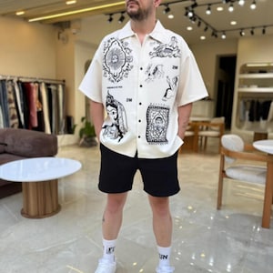 Oversize Button-down Summer Shirt, Bohemian Style Men&#39;s Shirt, Unisex Shirt, Men&#39;s Vintage Shirt