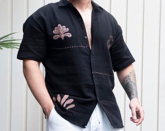 Black Linen Shirt, Printed Relaxed Fit, Men's Summer Shirt