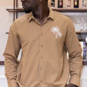 Beach Shirt, Men&#39;s Summer Beige Shirt, Oversize Men&#39;s Clothing, Hand Embroidered Men&#39;s Shirt,