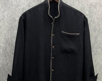Bohemian Men&#39;s Shirt, Hand Embroidered Linen Shirt, Linen Men&#39;s Short Sleeved Shirts, Buttoned Linen Boho Shirt, Gift for Him