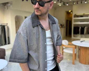 Chemise oversize grise d'aspect lin vintage pour homme | Chemise boutonnée à manches courtes