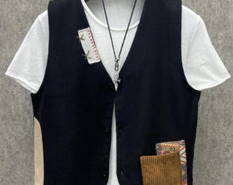 Black Mens Bohemian Vest, Ethnic Embroidered Cotton Vest