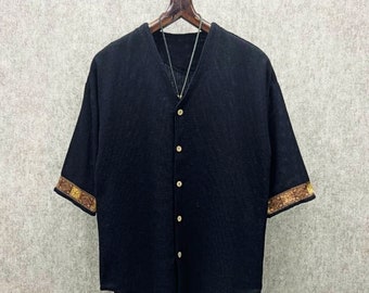 Bohemian Men&#39;s T-shirt, Oversize Washed Cotton Linen Bohemian Beige Men&#39;s T-shirt, Sleeve Embroidery Detailed T-Shirt