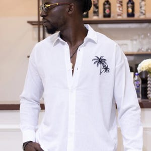 Men&#39;s Summer White Shirt, Beach Shirt, Oversize Men&#39;s Clothing, Hand Embroidered Men&#39;s Shirt,