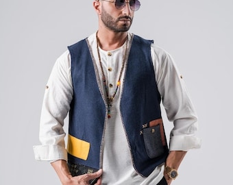 Men&#39;s Bohemian Vest, Vintage Ethnic Embroidered Cotton Vest, Patchwork Vest, Bohemian Style, Vest, Gift for Men, Handmade Men&#39;s Shirt