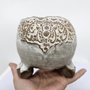 Handmade Classic Ceramic Planter with Decorative Motif, Three-Legged Stoneware Pot, Neutral Vintage Style