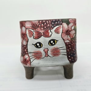 Puede incluir: Una maceta cuadrada de cerámica con un diseño de cara de gato. El gato tiene grandes ojos amarillos, bigotes y un lazo rojo. La maceta está decorada con flores rosas y uvas. Se apoya sobre tres pequeñas patas marrones.