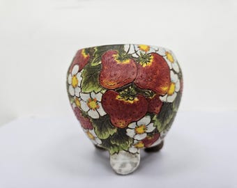 Handmålad mini-jordgubbsblomma • Keramisk kruka med fötter • Blommigt skulpterad suckulentkruka • Koreansk handgjord