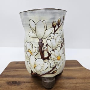 Hand Painted Magnolia Flower Planter, Handmade Ceramic Pot, Floral Succulent Planter, Unique Pottery Flower Vase, Gift for Plant Lover