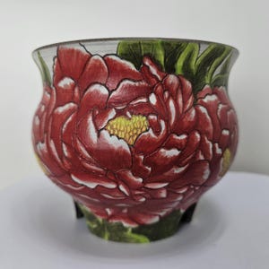 Hand Painted Red Peony Ceramic Planter, Floral Succulent Pot, Botanical Art Pottery, One of a Kind Flower Planter, Korean Ceramic Art