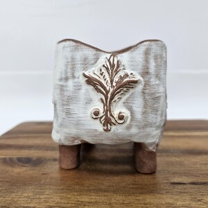 Handmade Antique White Ceramic Planter with Relief Ornament, French Vintage Footed Pot, Small Succulent Planter, OOAK Studio Pottery