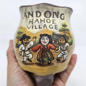 Handmålad keramisk kruka, Andong Hahoe maskdanskonst, koreansk folkkeramik
